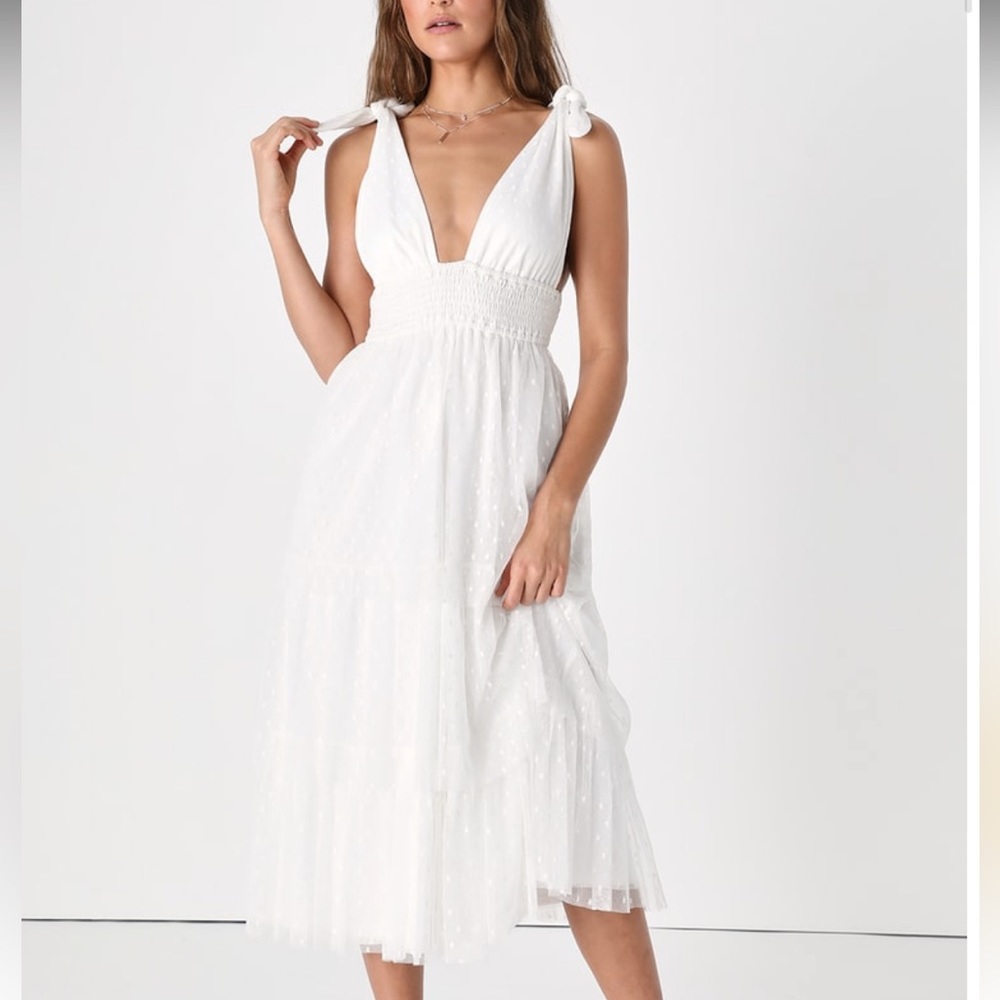 White Swiss dot tie strap tiered midi dress NWT